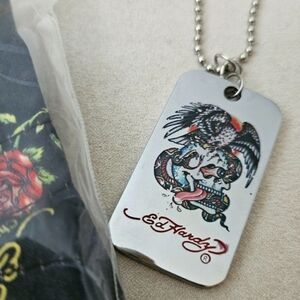 Ed Hardy Silver Dog Tag Necklace with Multi-Color Tattoo Skull & Snake